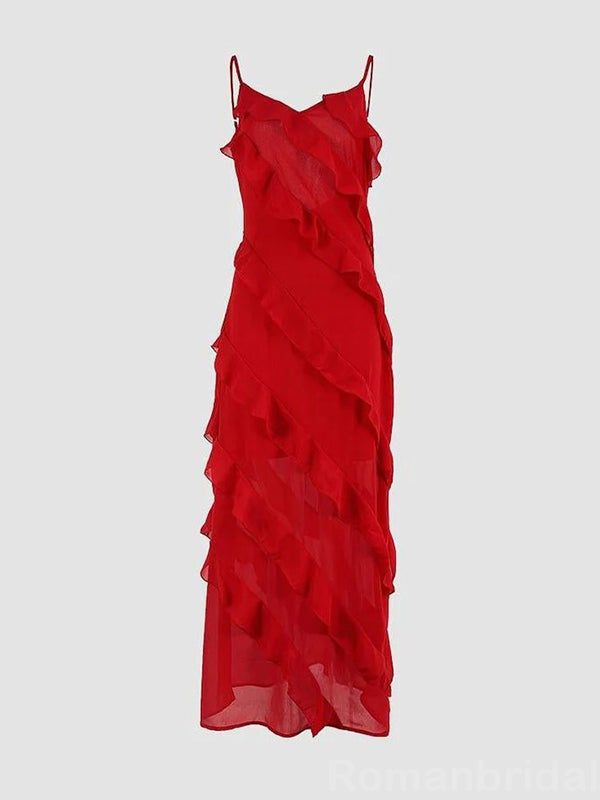 Elegant Spaghetti Straps Red Chiffon Long Column Evening Prom Dress Online, OL128