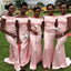 Elegant Off the Shoulder Mermaid Pink Long Satin Bridesmaid Dresses, BG538