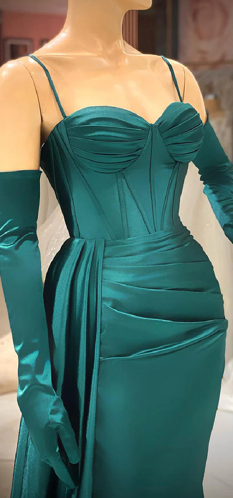 Elegant Satin Spaghetti Straps Mermaid Jade Long Bridesmaid Dresses with Trailing, BG639