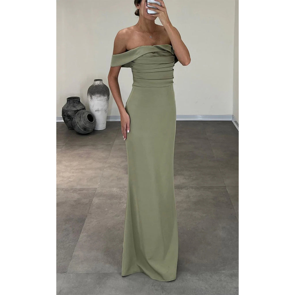 Elegant Off Shoulder Mermaid Satin Dusty Sage Long Bridesmaid Dresses Online , BG663