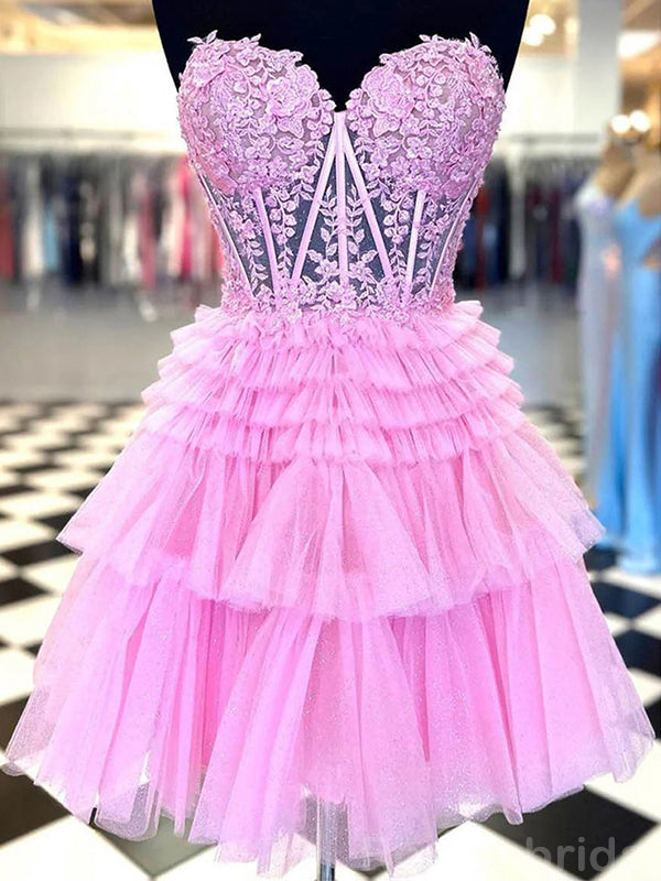 Elegant Sweetheart A-line Tulle Applique Pink Short Homecoming Dresses Online, HD0657