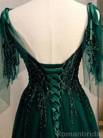Elegant Spaghetti Straps V-neck A-line Tulle Long Dark Green Evening Prom Dress Online, OL203