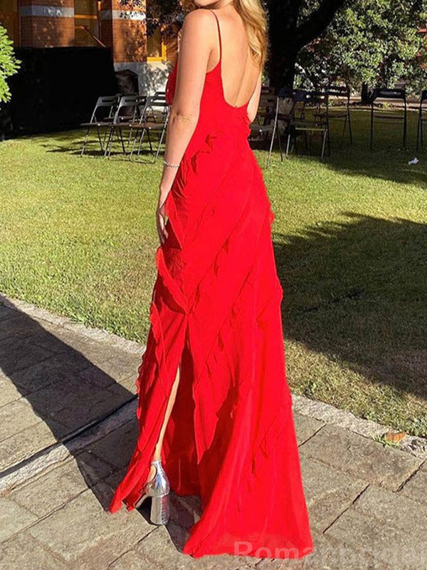 Elegant Spaghetti Straps Red Chiffon Long Column Evening Prom Dress Online, OL128