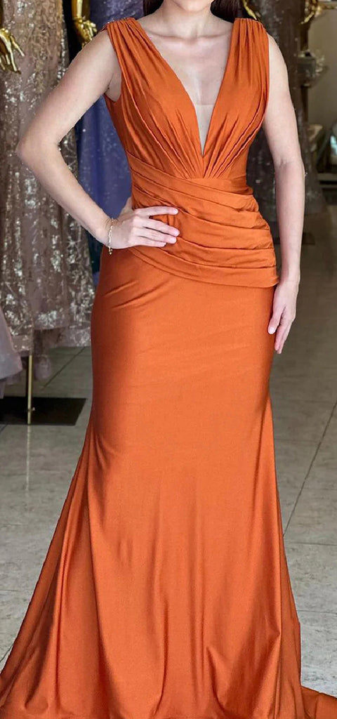 Elegant Satin Deep V-neck Mermaid Burnt Orange Long Bridesmaid Dresses Online, BG640