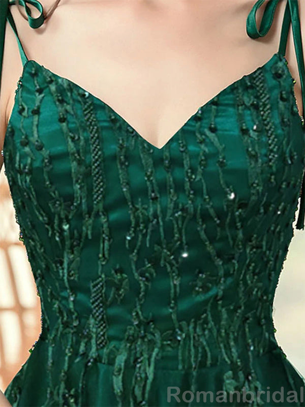 Elegant Spaghetti Straps V-neck A-line Tulle Long Dark Green Evening Prom Dress Online, OL203