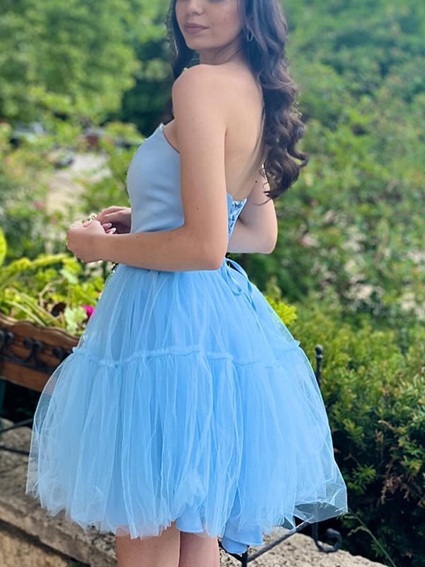 Elegant V-neck A-line Tulle Sky Blue Short Homecoming Dresses Online, HD0746