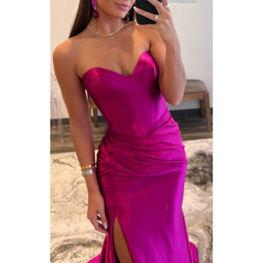 Elegant Satin Sweetheart Mermaid Fuchsia Side Slit Long Bridesmaid Dresses Online, BG641