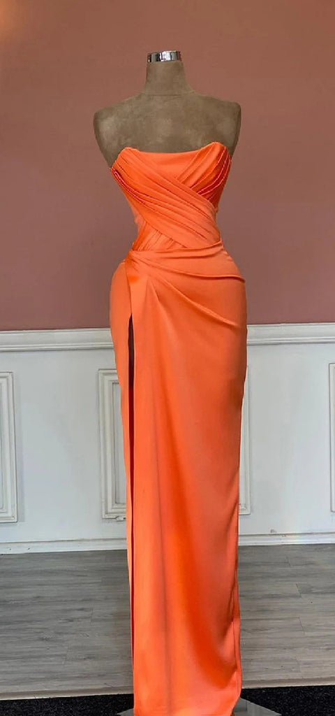 Elegant Satin Straight Neck Side Slit Papaya Long Bridesmaid Dresses Online, BG620