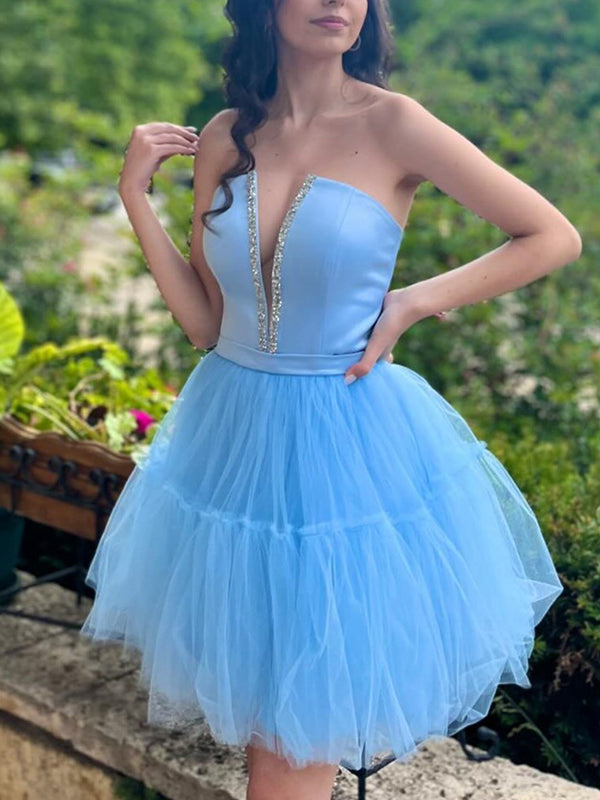 Elegant V-neck A-line Tulle Sky Blue Short Homecoming Dresses Online, HD0746