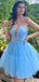 Elegant V-neck A-line Tulle Sky Blue Short Homecoming Dresses Online, HD0746