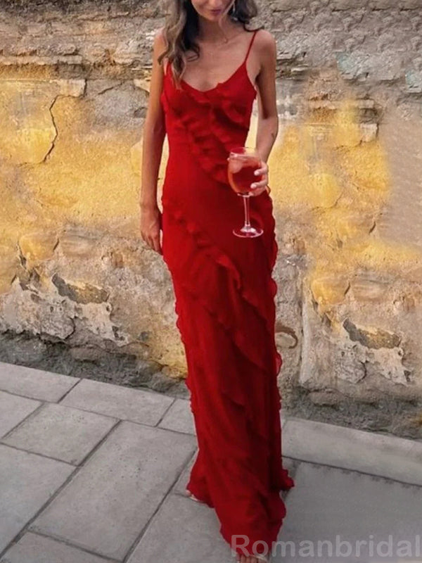 Elegant Spaghetti Straps Red Chiffon Long Column Evening Prom Dress Online, OL128