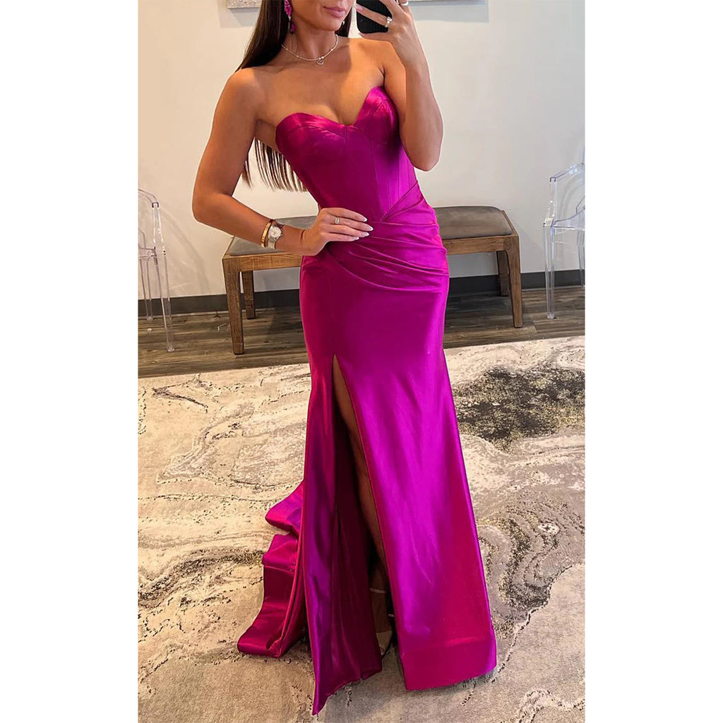 Elegant Satin Sweetheart Mermaid Fuchsia Side Slit Long Bridesmaid Dresses Online, BG641