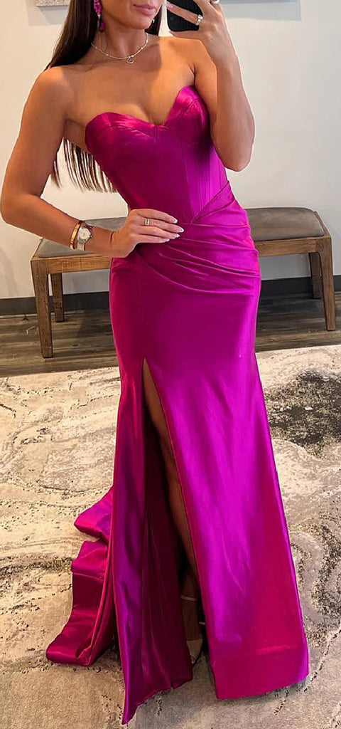 Elegant Satin Sweetheart Mermaid Fuchsia Side Slit Long Bridesmaid Dresses Online, BG641