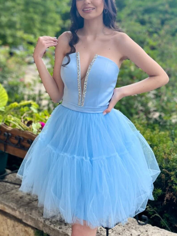 Elegant V-neck A-line Tulle Sky Blue Short Homecoming Dresses Online, HD0746