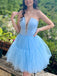 Elegant V-neck A-line Tulle Sky Blue Short Homecoming Dresses Online, HD0746