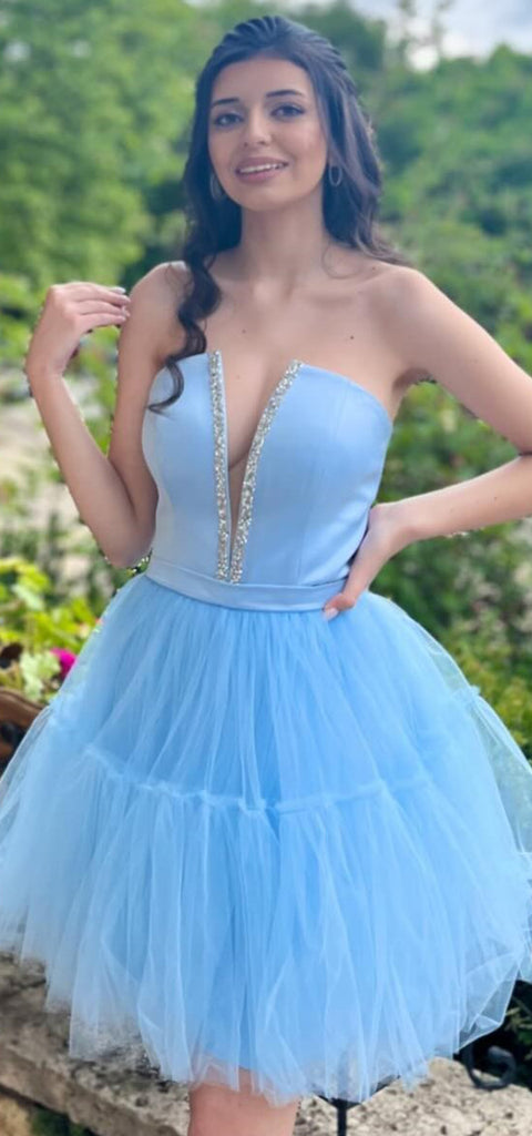 Elegant V-neck A-line Tulle Sky Blue Short Homecoming Dresses Online, HD0746