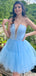 Elegant V-neck A-line Tulle Sky Blue Short Homecoming Dresses Online, HD0746