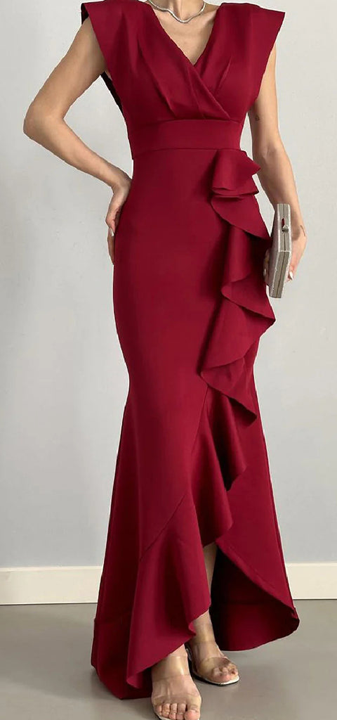 Elegant V-neck Mermaid Satin Burgundy Jersey Long Bridesmaid Dresses Online , BG664