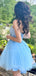 Elegant V-neck A-line Tulle Sky Blue Short Homecoming Dresses Online, HD0746