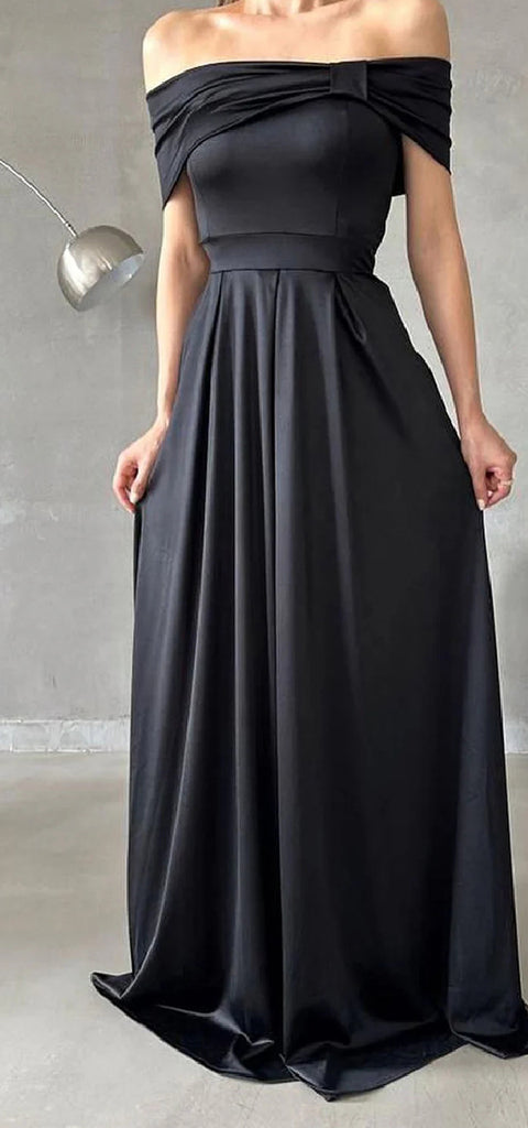 Elegant Off Shoulder A-line Satin Black Long Bridesmaid Dresses Online , BG665