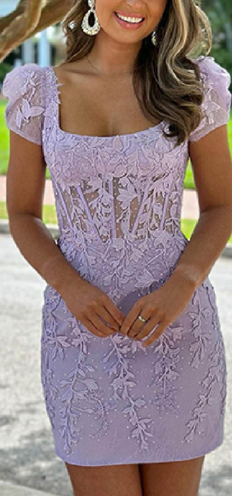 Elegant Short Sleeves Square Neck Mermaid Applique Lilac Short Homecoming Dresses Online, HD0659