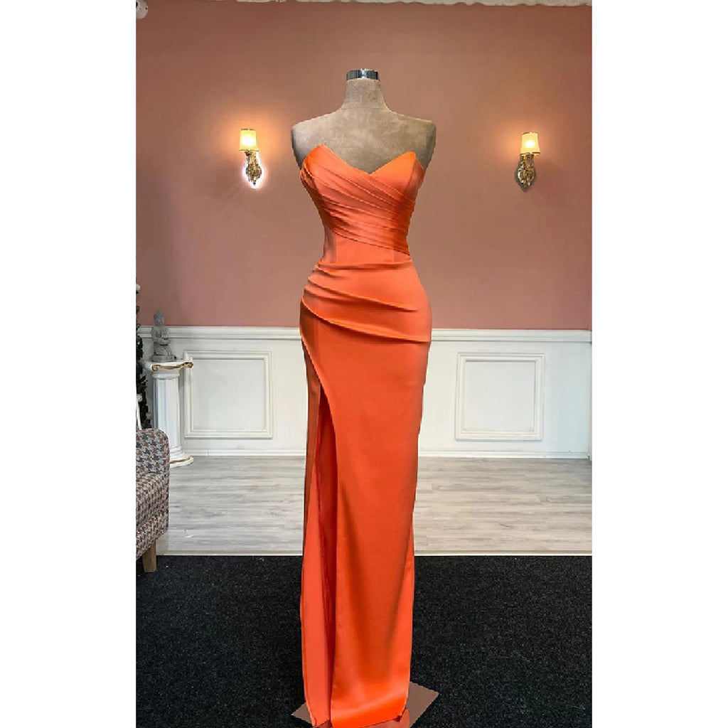 Elegant Satin V-Neck Side Slit Papaya Long Bridesmaid Dresses Online, BG621