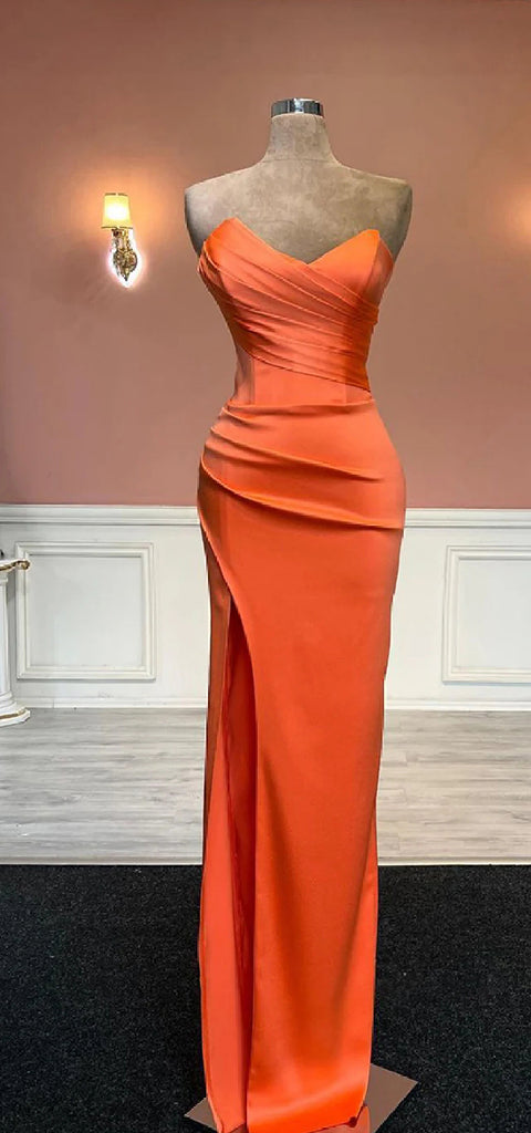 Elegant Satin V-Neck Side Slit Papaya Long Bridesmaid Dresses Online, BG621
