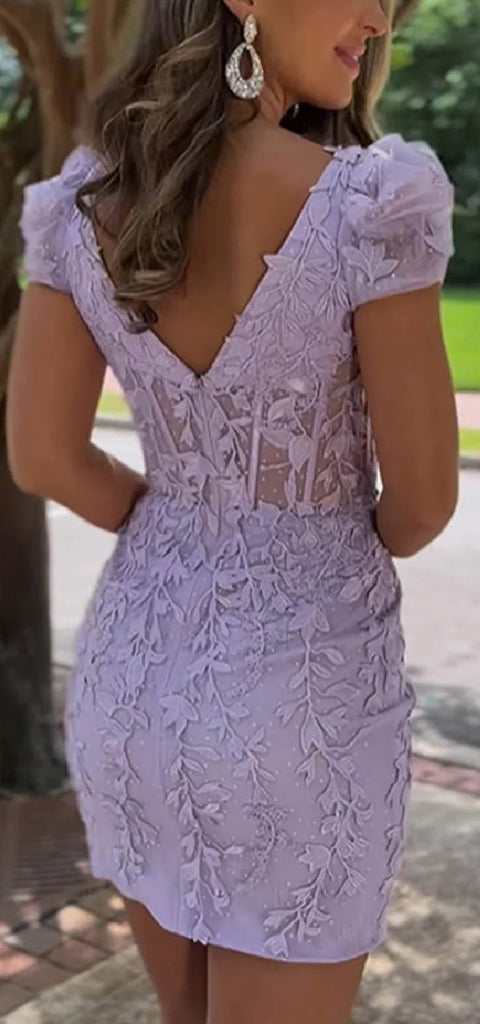 Elegant Short Sleeves Square Neck Mermaid Applique Lilac Short Homecoming Dresses Online, HD0659