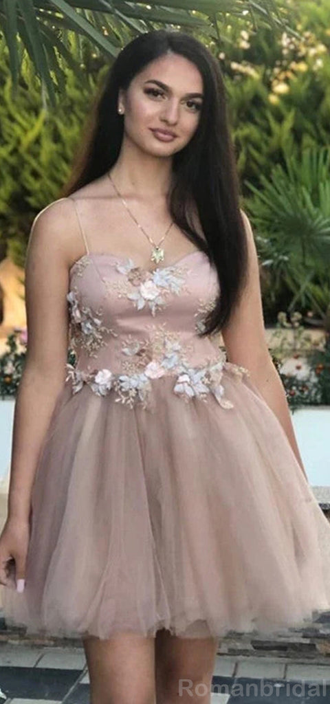 Elegant Spaghetti Straps A-line Tulle Applique Short Champagne Homecoming Dresses Online, HD0699