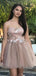 Elegant Spaghetti Straps A-line Tulle Applique Short Champagne Homecoming Dresses Online, HD0699