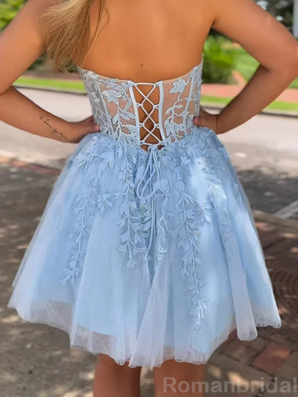 Elegant V-neck A-line Tulle Applique Short Homecoming Dresses Online, HD0655