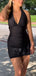 Elegant V-neck Halter Mermaid Satin Black Backless Short Homecoming Dresses Online, HD0660