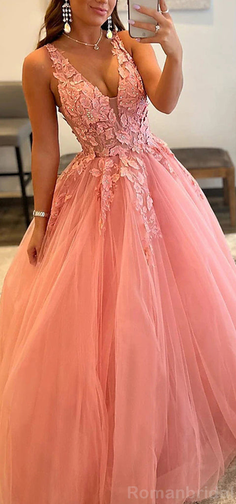 Elegant V-neck A-line Applique Tulle Long Peach Evening Prom Dress Online, OL204