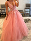 Elegant V-neck A-line Applique Tulle Long Peach Evening Prom Dress Online, OL204