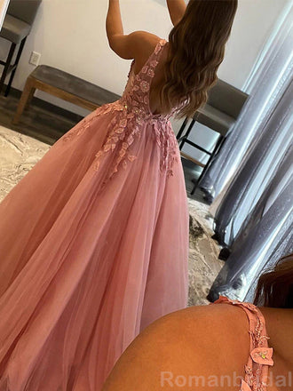 Elegant V-neck A-line Applique Tulle Long Peach Evening Prom Dress Online, OL204