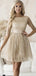 Sparkly Half Sleeves A-line Tulle Jewel Short Champagne Homecoming Dresses Online, HD0698