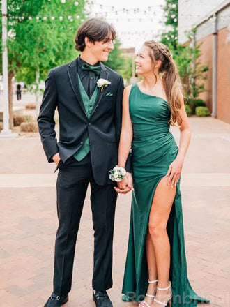 Elegant One Shoulder Mermaid Dark Green Long Evening Prom Dress with Side Slit, OL134