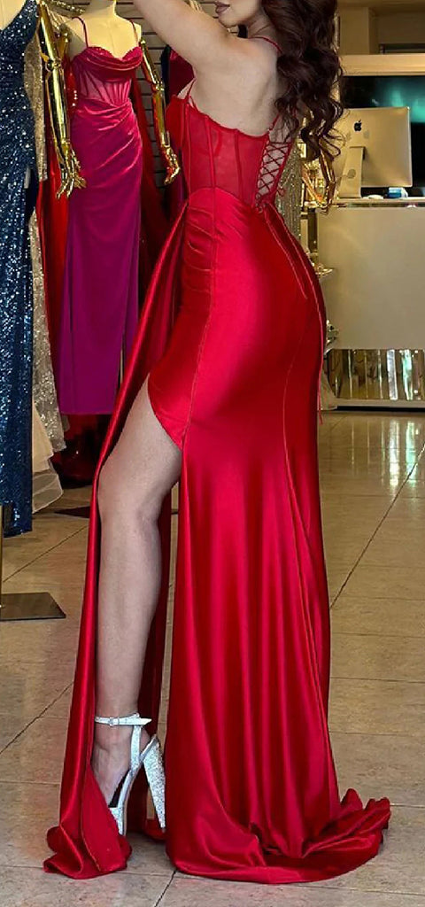 Sexy Spaghetti Straps Sweetheart Mermaid Side Slit Red Long Satin Bridesmaid Dresses Online, BG582