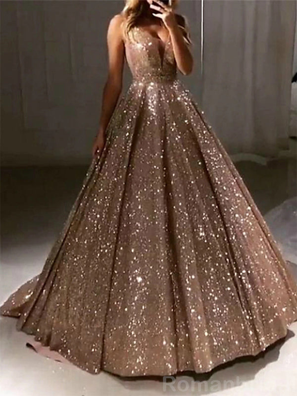 Sparkly Deep V-neck Sleeveless A-line Long Evening Prom Dress Online, OL206