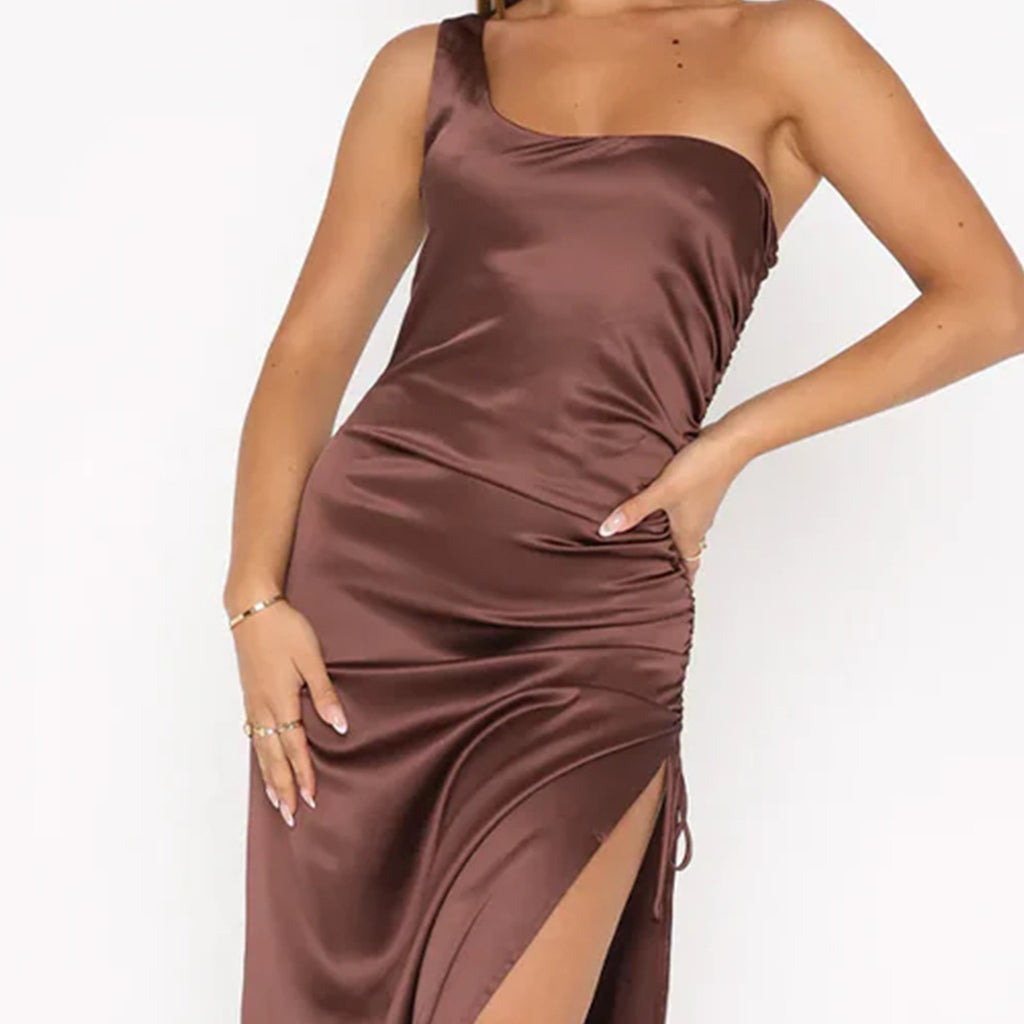 Elegant One Shoulder Mermaid Side Slit Chocolate Satin Long Bridesmaid Dresses Online, BG556