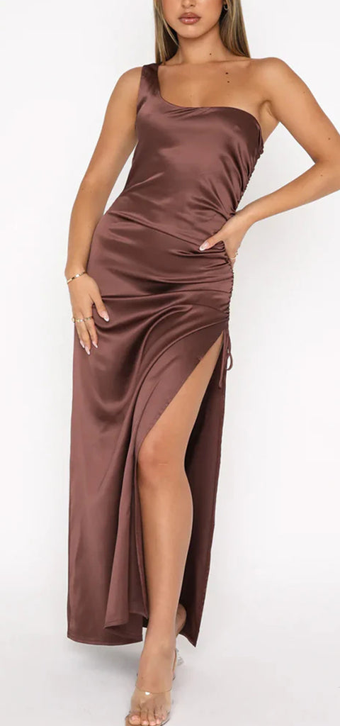 Elegant One Shoulder Mermaid Side Slit Chocolate Satin Long Bridesmaid Dresses Online, BG556