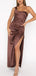 Elegant One Shoulder Mermaid Side Slit Chocolate Satin Long Bridesmaid Dresses Online, BG556