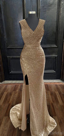 Sparkly Deep V-neck Sleeveless Mermaid Side Slit Long Evening Prom Dress Online, OL207