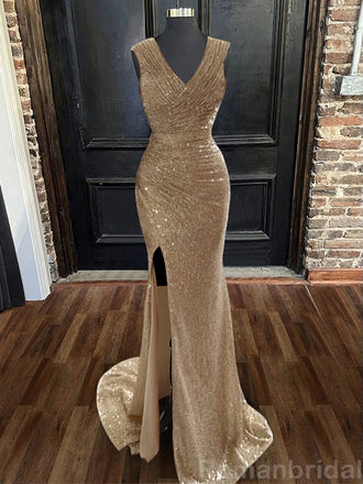 Sparkly Deep V-neck Sleeveless Mermaid Side Slit Long Evening Prom Dress Online, OL207