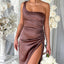 Elegant One Shoulder Mermaid Side Slit Chocolate Satin Long Bridesmaid Dresses Online, BG556