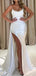 Sexy Mermaid Side Slit Long Satin White Bridesmaid Dresses with Trailing, BG584