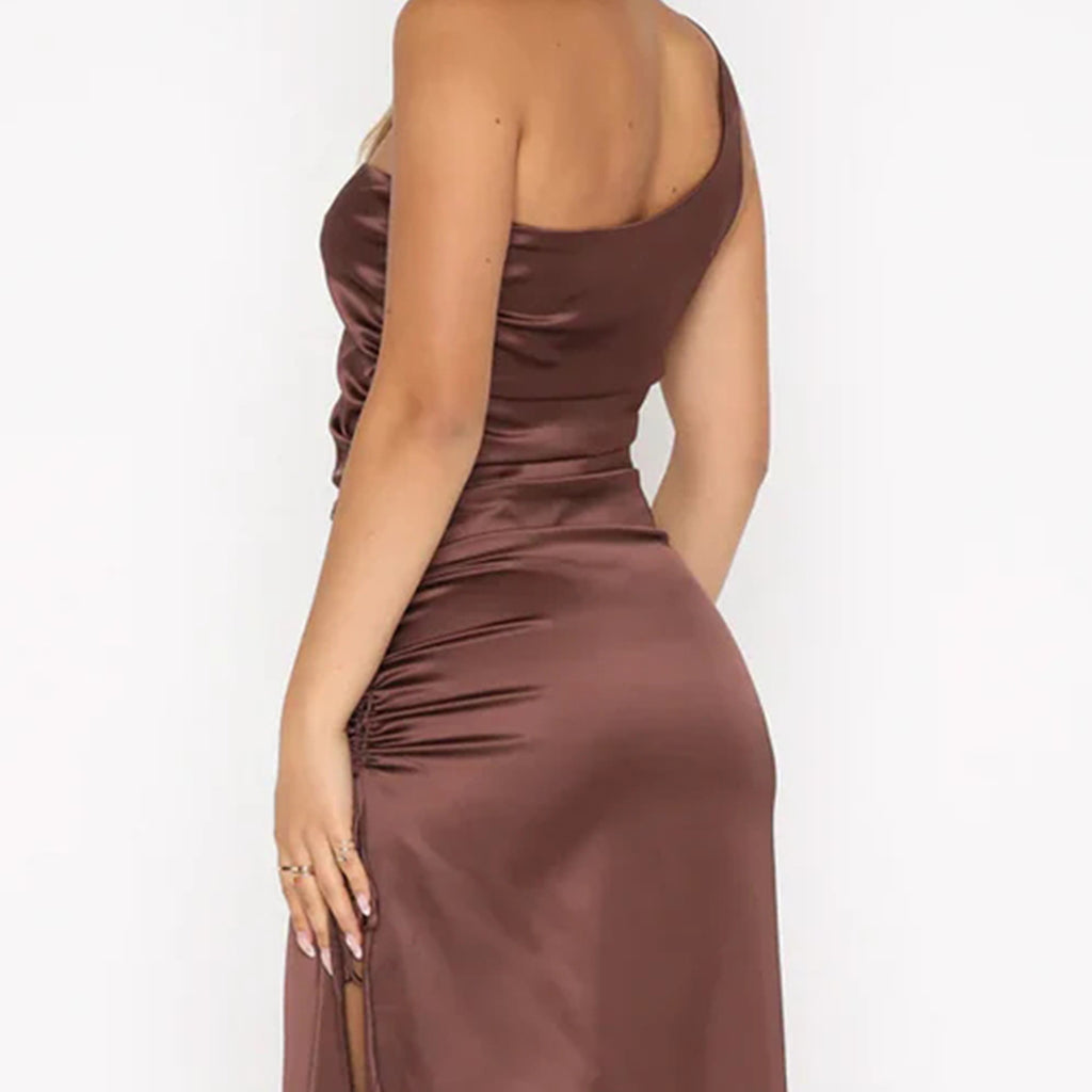 Elegant One Shoulder Mermaid Side Slit Chocolate Satin Long Bridesmaid Dresses Online, BG556