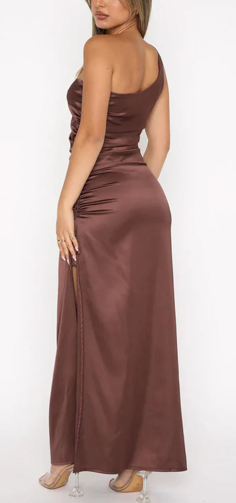 Elegant One Shoulder Mermaid Side Slit Chocolate Satin Long Bridesmaid Dresses Online, BG556