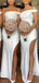 Elegant Off Shoulder Mermaid Side Slit Ivory Satin Long Bridesmaid Dresses Online, BG557