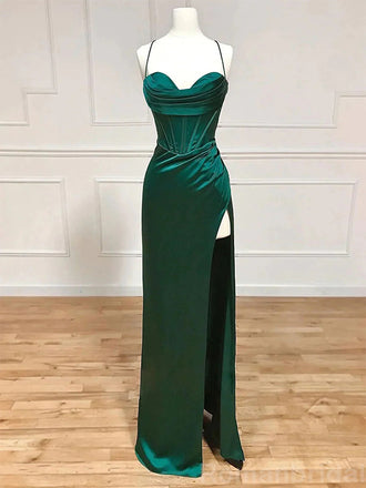 Sexy Spaghetti Straps Mermaid Side Slit Dark Green Long Evening Prom Dress Online, OL137
